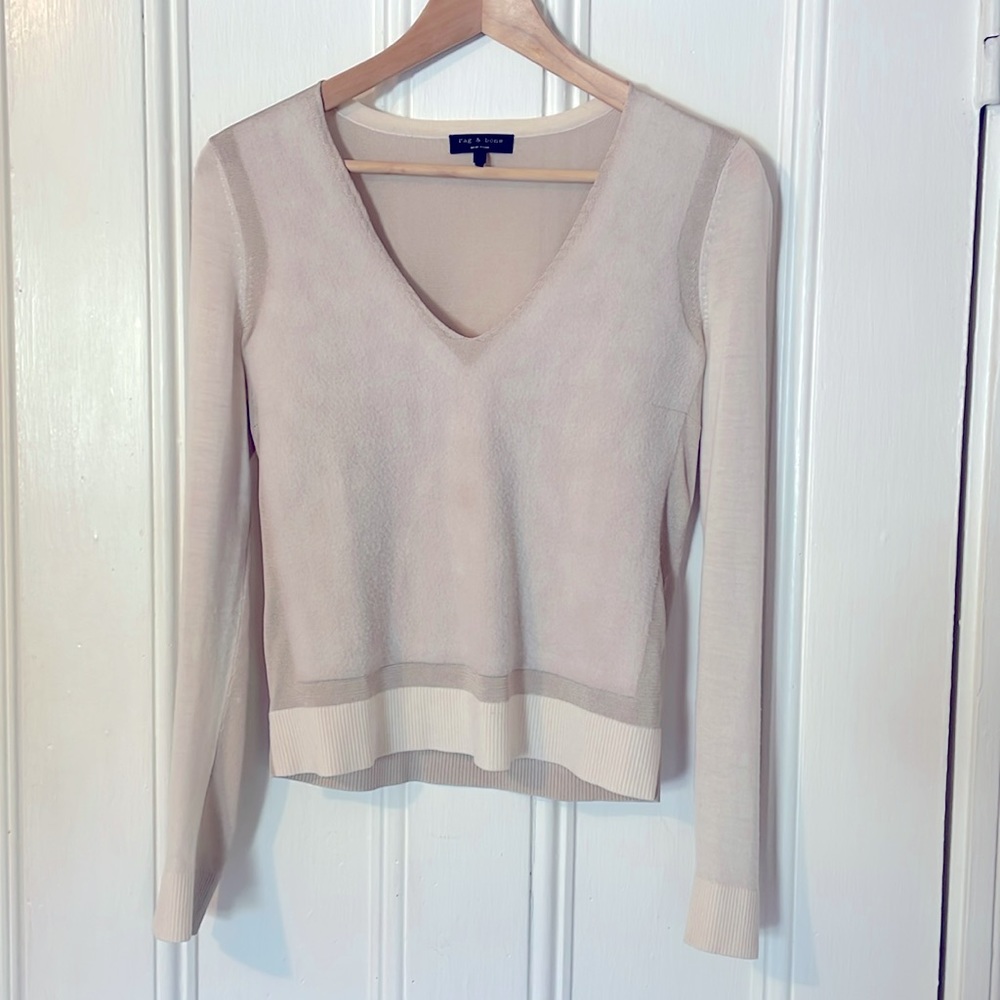 Rag & Bone Double Tone Mixed Materials Contrast Cream and Ivory Vneck Sweater
